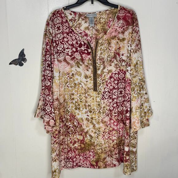Catherines Womens Blouse Size 2X Green Floral Beaded Trim Fairy Whimsical Artsy - Picture 1 of 12